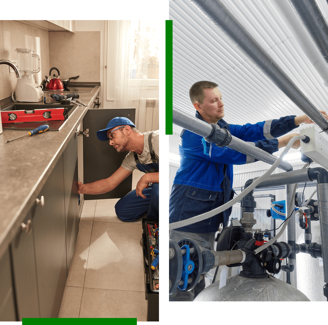 Split image: On the left, a man in a cap is fixing a kitchen cabinet. On the right, a man in overalls is adjusting pipes in an industrial setting.